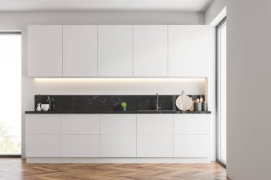 Beyaz duvarları, ahşap zemin, çatı windows, beyaz dolapları ve yapılı içinde lavabo beyaz mutfak tezgahı ile modern mutfak iç. 3D render