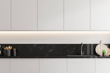Siyah ve beyaz mermer mutfak tezgahı ile lavabo ve beyaz dolapları üstüne beyaz duvarlı odasında asılı inşa kapatın. 3D render