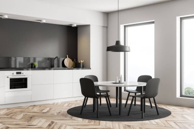Beyaz ve gri duvarlar, ahşap zemin, yuvarlak halı üzerinde duran gri sandalye ile yapılı içinde Ocak ve beyaz yuvarlak masa ile beyaz mutfak tezgahı ile modern mutfak köşesinde. 3D render