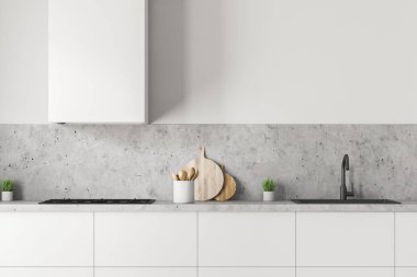 Lavabo ve Ocak ve kesme tahtası üzerinde beyaz mutfak iç ayakta beyaz ve taş mutfak tezgah ile inşa. 3D render