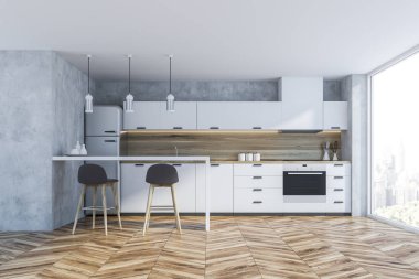 Şık mutfak iç beton duvarlar, ahşap zemin, panoramik penceresi, beyaz mutfak tezgahı ve dolapları ve gri tabureleri olan çubuk. 3D render