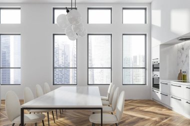 Beyaz masa sandalye beyaz ve beyaz mermer duvarlar, beyaz mutfak tezgahı ve iki soba içinde inşa sahip modern mutfak iç ayakta ile kapatın. 3D render