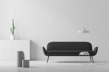 Beyaz duvarları, siyah kanepe konumu coffee table kitaplarla ve beyaz şifonyerin üstünde o kaktüs ile yakın olan minimalist oturma odası iç. 3D render