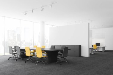 Interior of conference room with white walls, carpeted floor, panoramic window, long black table with gray and yellow chairs and office area seen in the background. 3d rendering clipart