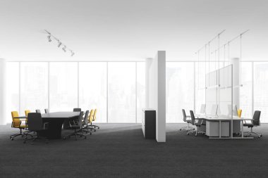 Konferans salonu ile beyaz duvarlar, halı kaplı zemin, panoramik pencere, gri ve sarı sandalye ve ofis alanı sağdaki uzun siyah tabloyla iç. 3D render