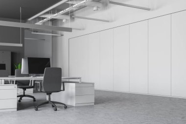 Beyaz ve gri duvarlar, beton zemin, beyaz duvar dolapta satırı ile modern ofis ve sandalye ile beyaz bilgisayar masaları köşesinde. 3D render