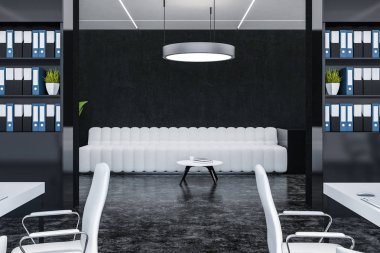 Uzun beyaz kanepe konumu yuvarlak sehpa içinde yazıhane siyah duvarlar, beyaz bilgisayar masaları ve klasörlerle siyah kütüphaneler ile yakın olan Office lounge iç. 3D render