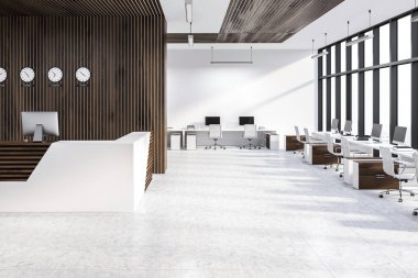 Beyaz ve ahşap beyaz ve ahşap duvarlar ve duvarlar ve windows bilgisayarlar açık alan ofiste ayakta resepsiyon. 3D render