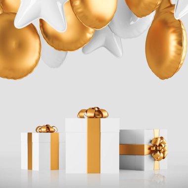 Beyaz arka plan üzerinde beyaz ve sarı balonlu sarı kurdeleler ile beyaz hediye kutuları. Kutlama ve Tatil Sezon kavramı. 3D render