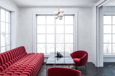 Beyaz duvarları, siyah ahşap zemin, uzun kırmızı koltuk ve siyah mermer masanın ayakta koltuklar ile modern oturma odası iç. 3D render