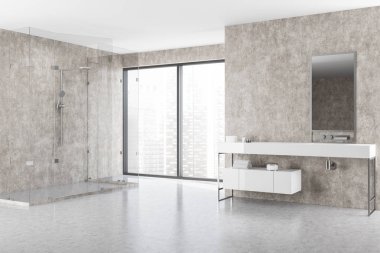 Beton duvarlar, taş zemine, üstündeki dikey ayna ile uzun beyaz lavabo ve duş cam duvarlı ile modern banyo iç. 3D render