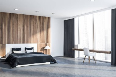 Beyaz ve ahşap duvarlar, beton zemin, gri battaniye ve dar tablo pencerenin yakınındaki beyaz ana yatak yatak odası iç. 3D render