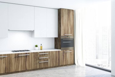 Beyaz duvarlar, beton zemin, ahşap mutfak tezgahı ile yapılı içinde fırın ve Ocak ve beyaz dolapları ile mutfak köşesinde. 3D render