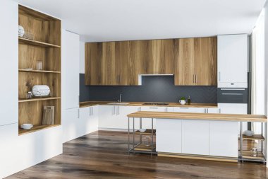 Beyaz ve gri duvarlar, ahşap zemin, ile beyaz mutfak tezgahı ile mutfak köşe lavabo ve fırın, ahşap dolapları ve bar inşa. Yapılı içinde ahşap dolap. 3D render