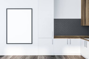 Beyaz ve gri ahşap duvarlar, ahşap zemin, beyaz mutfak tezgahı ve ahşap dolapları ve duvara dikey poster çerçevesi ile mutfak iç. 3D render alay
