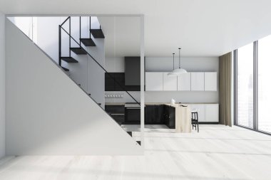 Beyaz duvarları, ahşap zemin, panoramik pencere ve onlara yakın ahşap bar ile ahşap mutfak tezgahı ile şık mutfak iç. Merdiven. 3D render