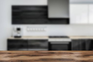 Beyaz duvarlar, ahşap zemin, modern mutfak iç ahşap mutfak tezgahı ile inşa tencere ve kahve makinesi. 3d render bulanık