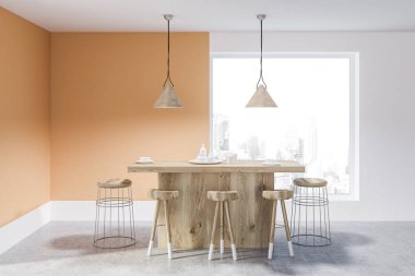 Bej ve beyaz duvarlar, kiremitli kat, büyük kare pencere ve ahşap bar tabureleri ile minimalist mutfak iç. 3D render