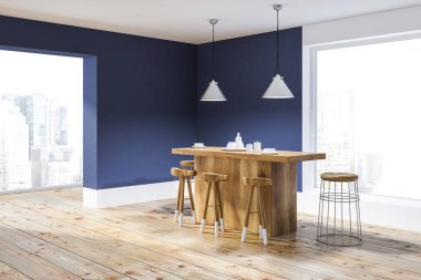 Mavi ve beyaz duvarlar, ahşap zemin, geniş pencereler ve ahşap bar tabureleri ile minimalist mutfak köşesinde. 3D render