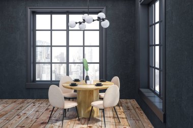 Modern yemek odası iç Gri duvarlar, ahşap zemin ile yuvarlak ahşap masa ve iki büyük pencereler duran bej ve siyah sandalye ile. 3D render