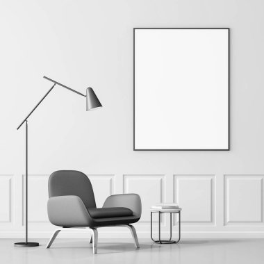 Minimalist oturma odası iç beyaz duvarlar ve zemin ve gri koltuk ayakta yakınındaki küçük masa üstündeki bir zemin lamba ile kitaplarla. Dikey poster. 3D render alay