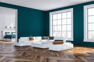 Mavi duvar, ahşap zemin, büyük pencereler, kare sehpa ile arka odada yakınındaki ayakta beyaz kanepe oturma odası köşesinde. 3D render