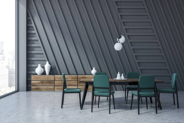 Gri Dining Room Beton Zemin Ile Siyah Ahşap Tablo Yeşil — Stok fotoğraf