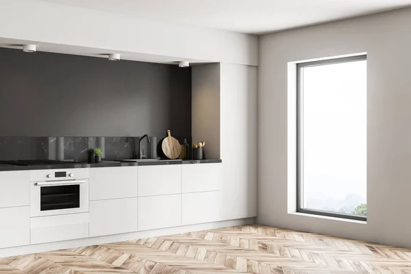 Interior Cocina Loft Minimalista Con Paredes Mármol Gris Negro Suelo — Foto de Stock