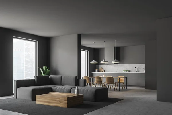 Hörnet Grå Vardagsrum Med Betonggolv Loft Windows Grå Soffa Står — Stockfoto