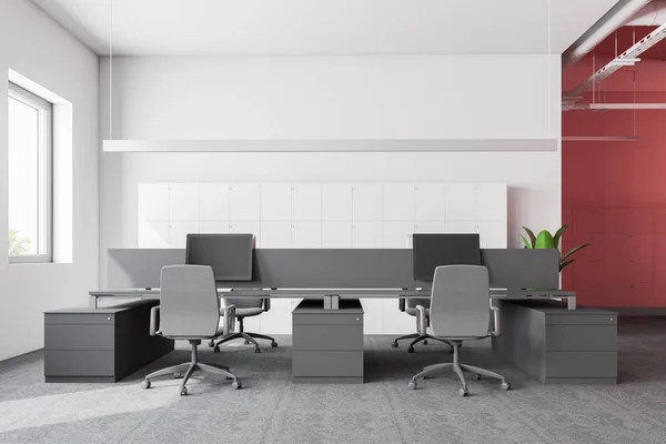 Interior Stylish Office White Pink Walls Carpeted Floor Gray Computer — Stock Photo, Image