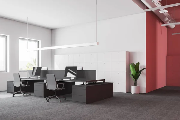 Industrial Style Office Corner White Pink Walls Carpeted Floor Gray — Stock Photo, Image