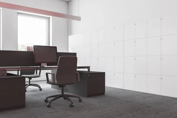 Interior Modern Office White Walls Carpeted Floor Gray Computer Tables — Stock Photo, Image