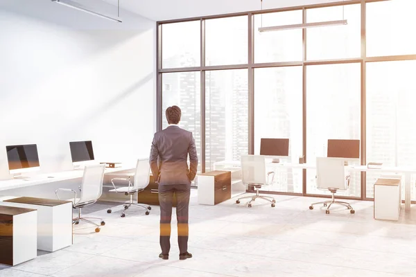 Businessman Corner Panoramic Office White Walls Tiled Floor White Wooden — Stock Photo, Image