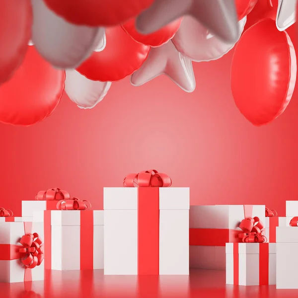 White Gift Boxes Red Ribbons White Red Balloons Red Background — Stock Photo, Image