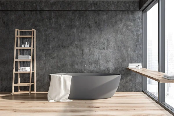 Innenraum Des Stilvollen Badezimmers Mit Grauen Wänden Holzboden Grauer Badewanne — Stockfoto