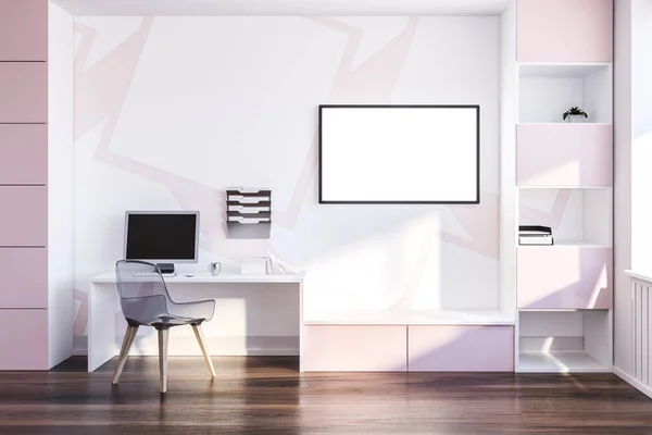 Interior of home office with pink and white walls, wooden floor, white computer table, white and pink bookcase and horizontal poster. 3d rendering mock up