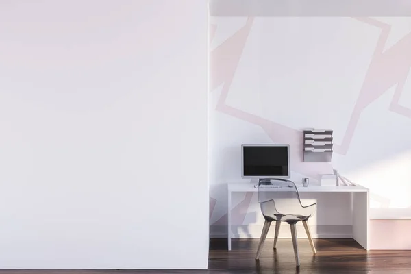 Interior of white and pink home office with wooden floor, white computer table with transparent chair and mock up wall on the left. 3d rendering