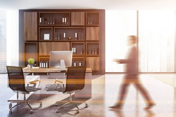 Man Interior Ceo Office Gray Walls Panoramic Windows Concrete Floor — Stock Photo, Image