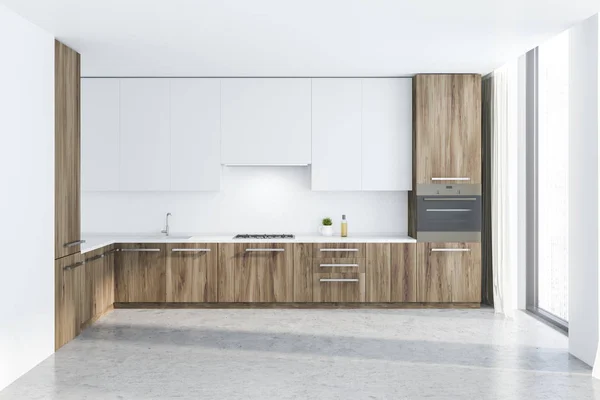 Interior Cozinha Com Paredes Brancas Piso Concreto Bancadas Madeira Com — Fotografia de Stock