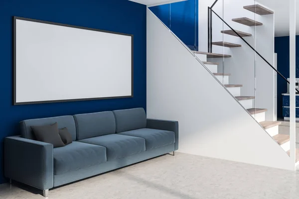 Corner Living Room Blue Walls Concrete Floor Long Blue Sofa — Stock Photo, Image