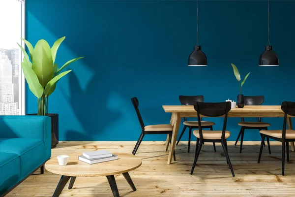 Interno Della Sala Pranzo Loft Con Pareti Blu Pavimento Legno — Foto Stock