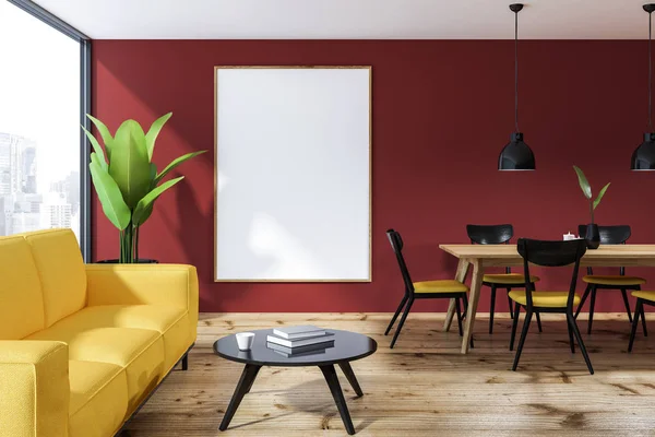 Interior of living room with red walls, wooden floor, yellow sofa standing near round coffee table and wooden dining table with black and yellow chairs. Vertical poster. 3d rendering mock up