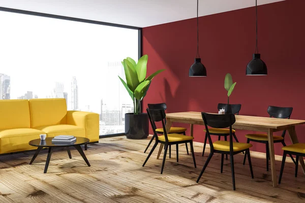 Loft Dining Room Corner Red Walls Wooden Floor Wooden Table — Stock Photo, Image