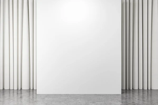 コンクリートの床 白い空部屋の壁の中央とその周りに白いカーテンに インテリア デザインのコンセプトです レンダリングをモックアップします — ストック写真