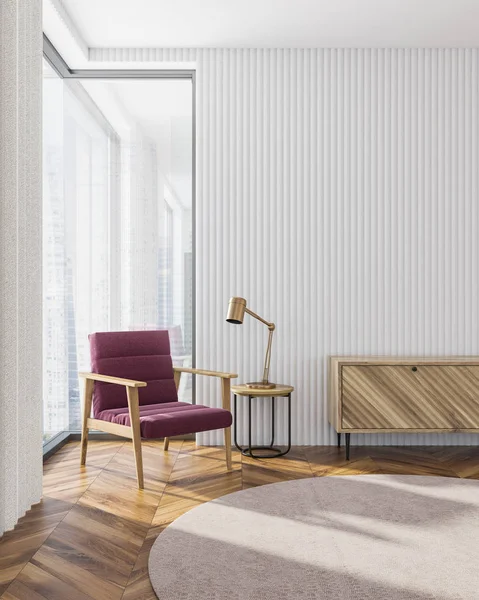 Interieur Van Moderne Woonkamer Met Houten Vloer Witte Muren Rood — Stockfoto