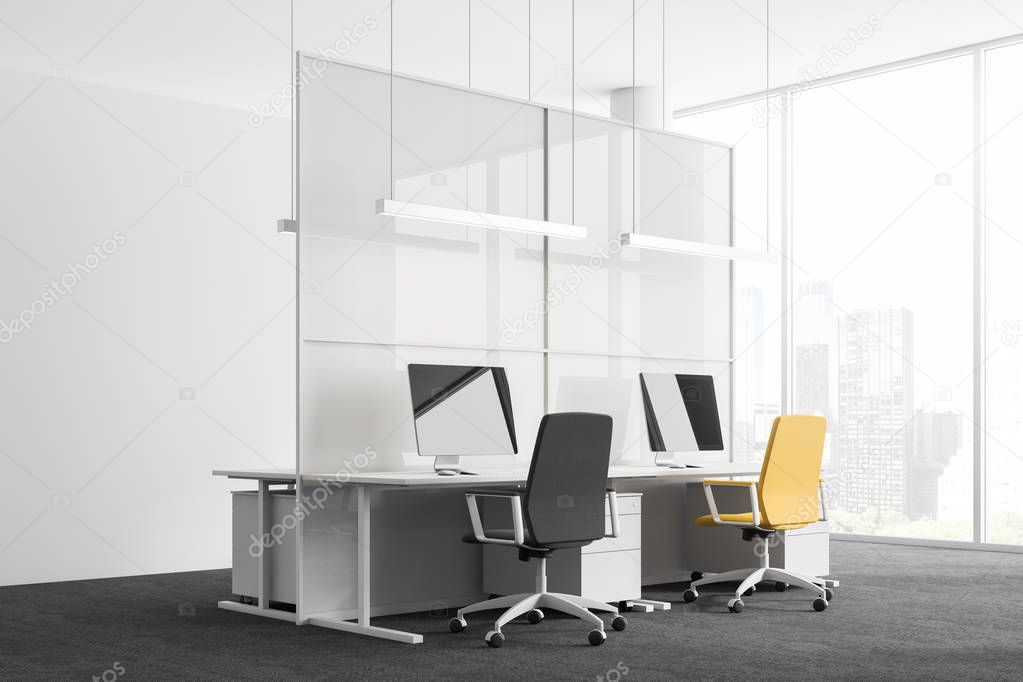 Corner of panoramic office with white walls, carpeted floor, white computer tables with gray and yellow chairs. 3d rendering