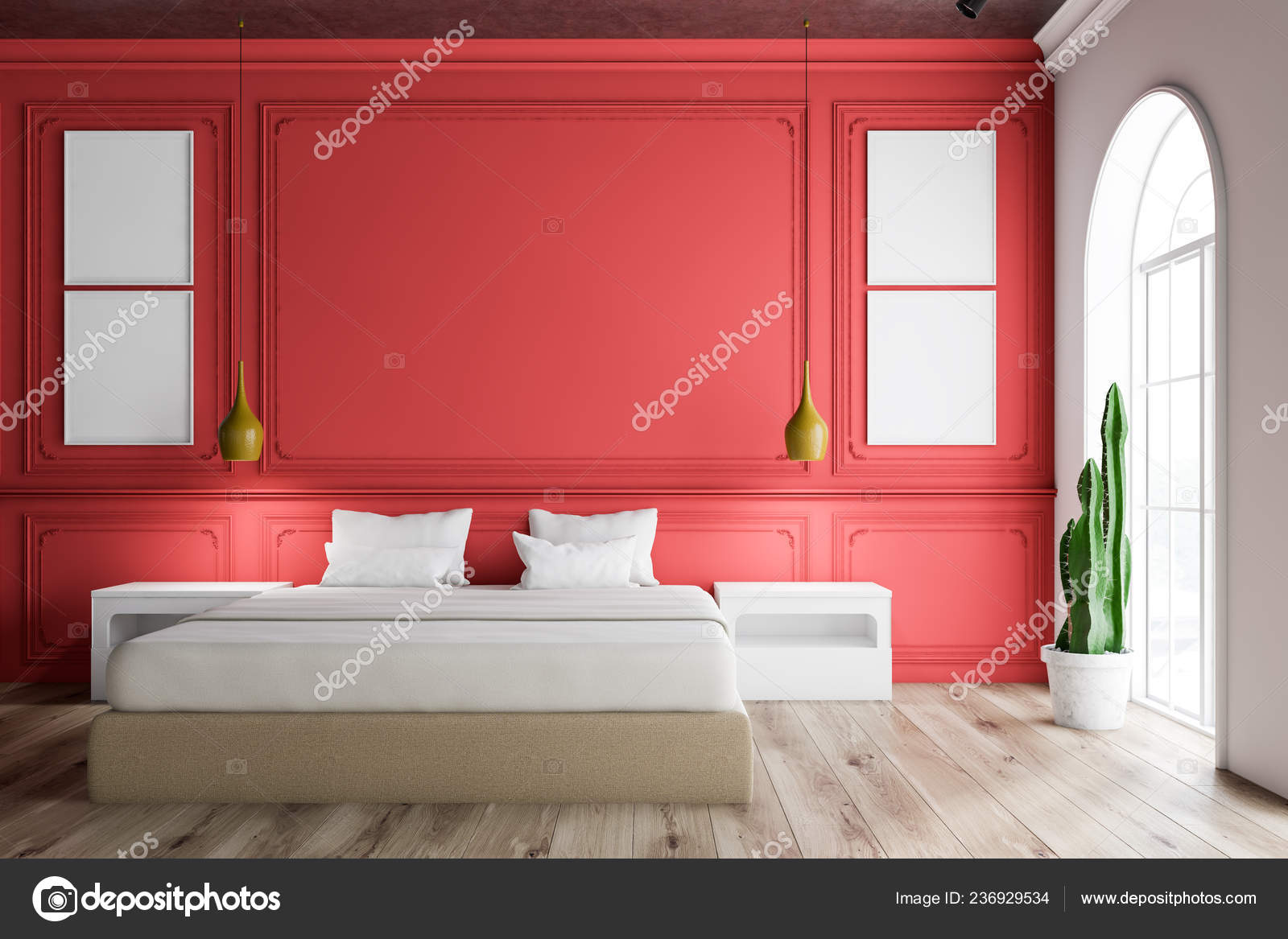 Interior Master Bedroom Red White Walls Wooden Floor Beige