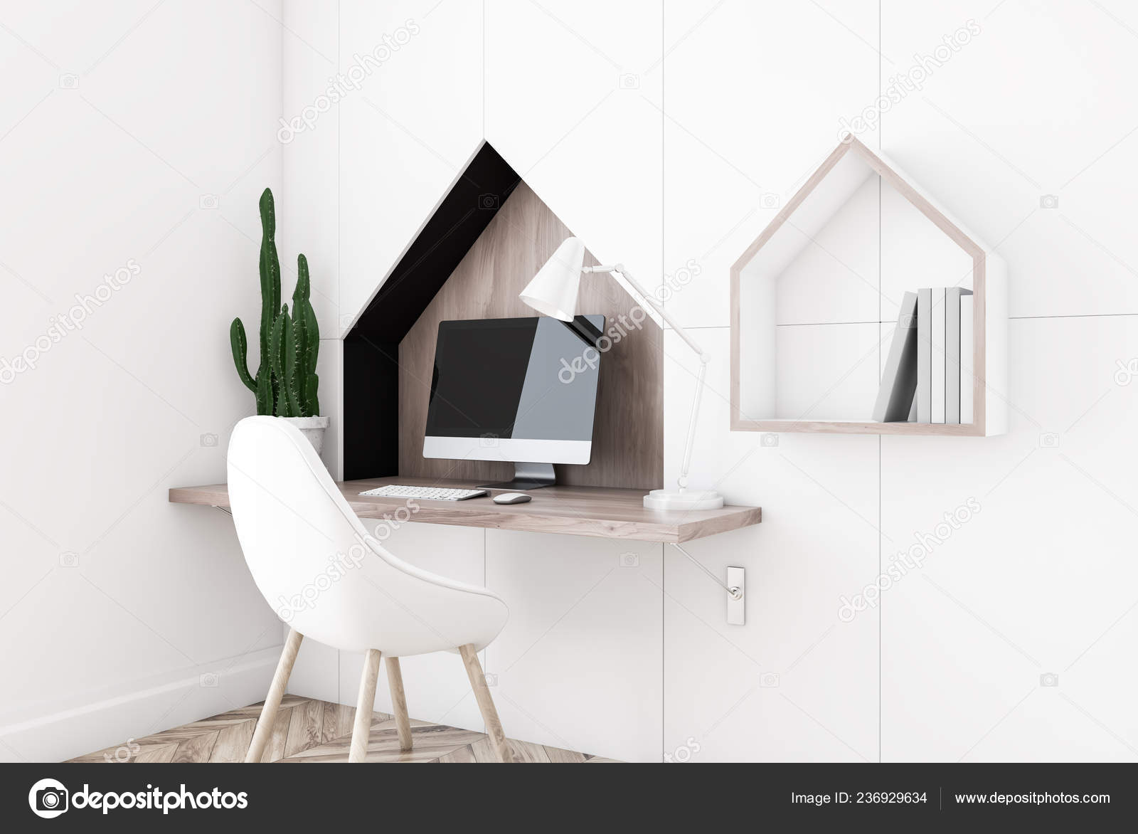 Interior Compact Home Office Room White Walls Wooden Floor