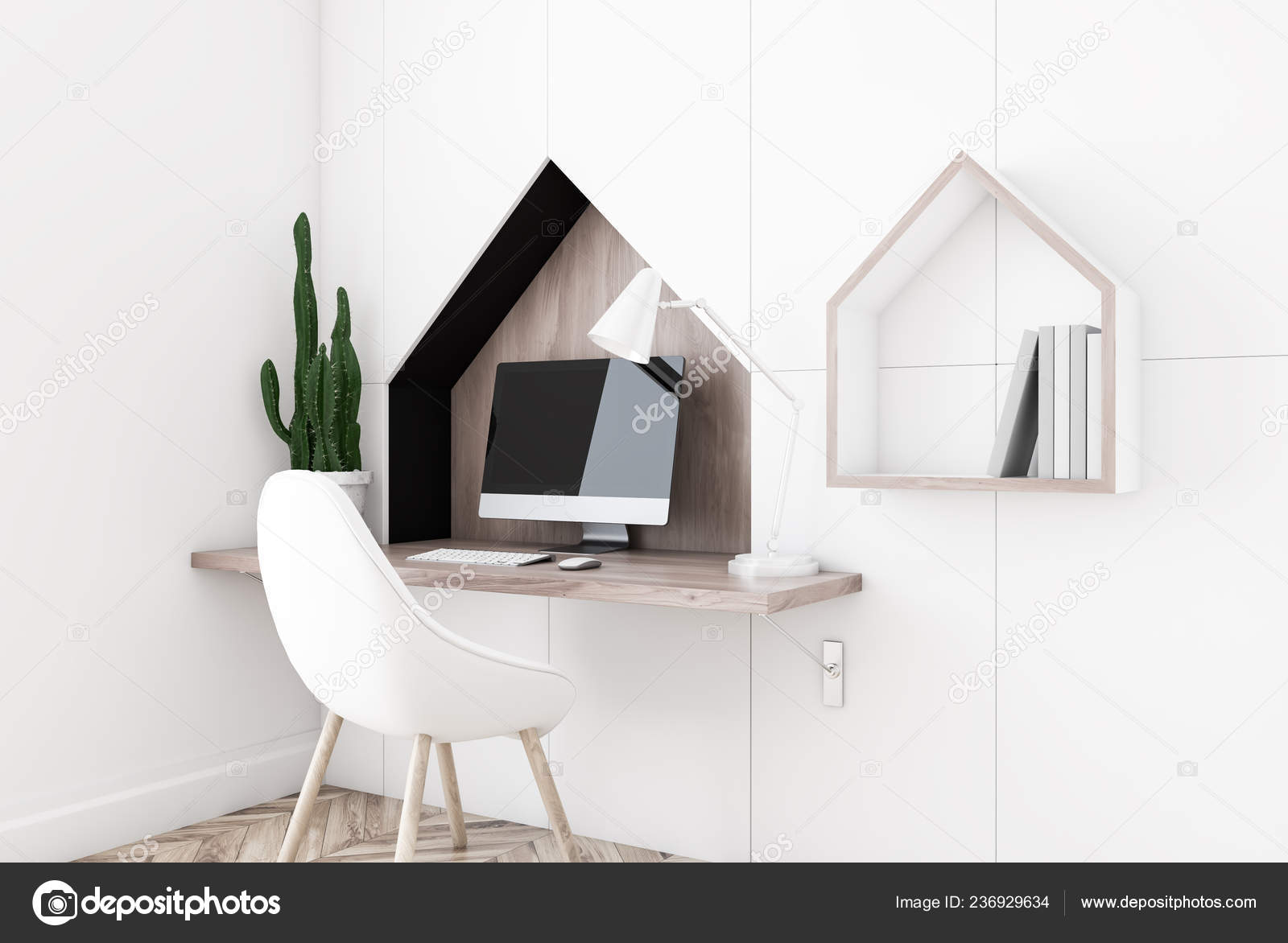 Interior Compact Home Office Room White Walls Wooden Floor