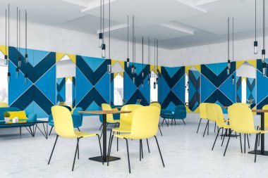 Mavi geometrik desen duvarlar, mavi kanepe ve koltuklar siyah kahve masa yakınındaki ve kare tablolar yakınındaki sarı sandalyeler ile Restoran köşesinde. 3D render